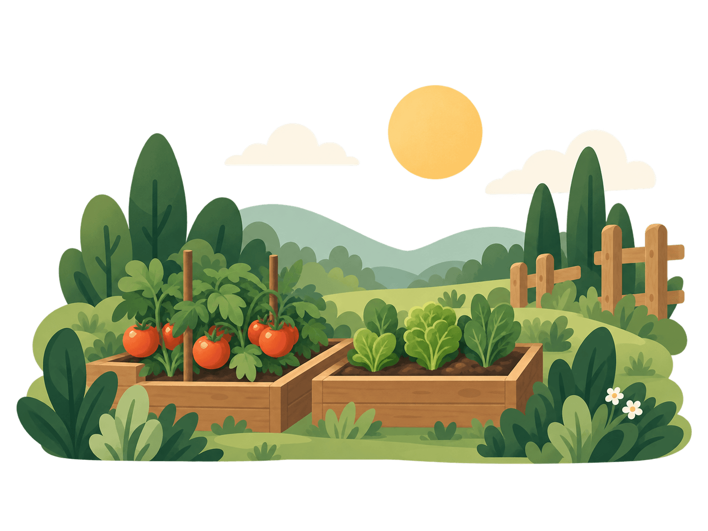 Ilustracija kućne bašte sa paradajzom, zelenilom i lejama